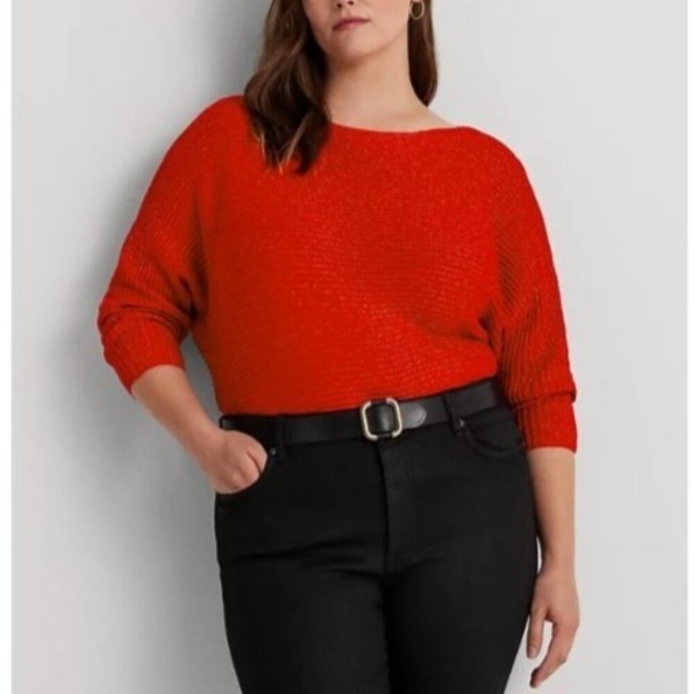 Ralph Lauren Plus-Size Dolman Sleeve Boatneck Sweater 3X Metallic Red Holidays